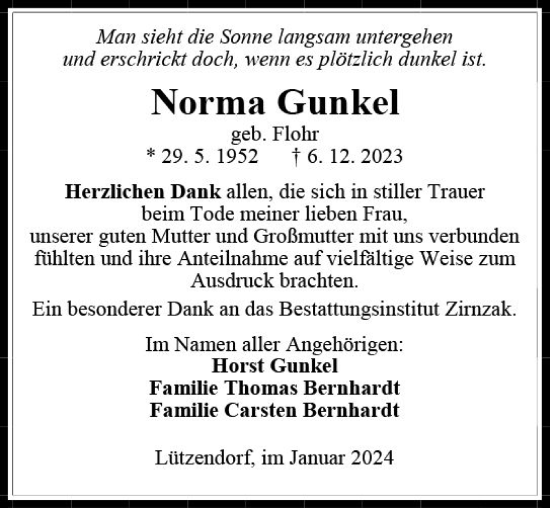 Traueranzeige von Norma Gunkel von Weilburger Tageblatt
