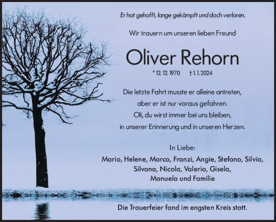 Traueranzeige von Oliver Rehorn von Wetzlarer Neue Zeitung