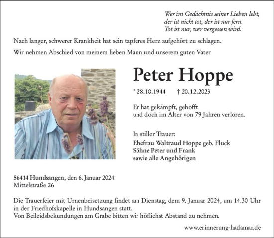 Traueranzeige von Peter Hoppe von Nassauische Neue Presse