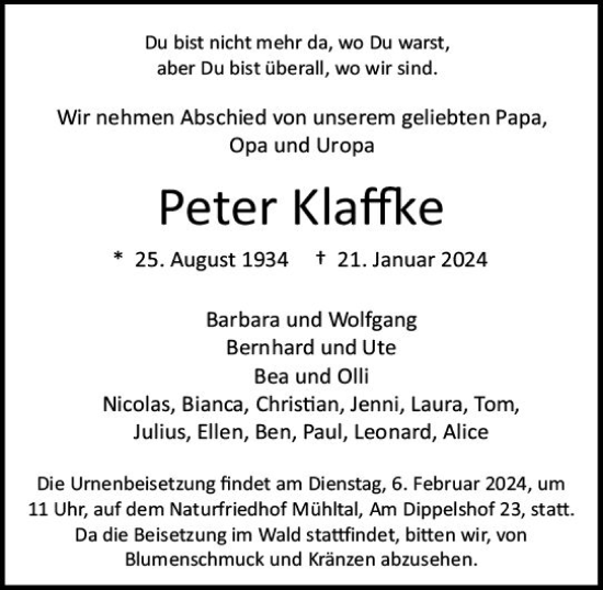 Traueranzeige von Peter Klaffke von Darmstädter Echo