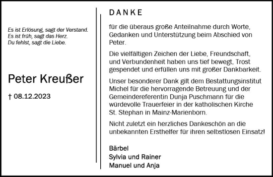 Traueranzeige von Peter Kreußer von Allgemeine Zeitung Mainz