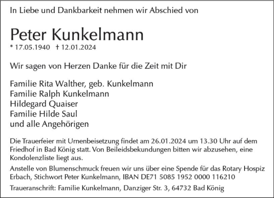 Traueranzeige von Peter Kunkelmann von Odenwälder Echo