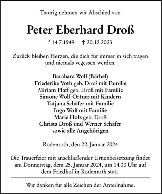 Traueranzeige von Peter Eberhard Droß von Dill Block