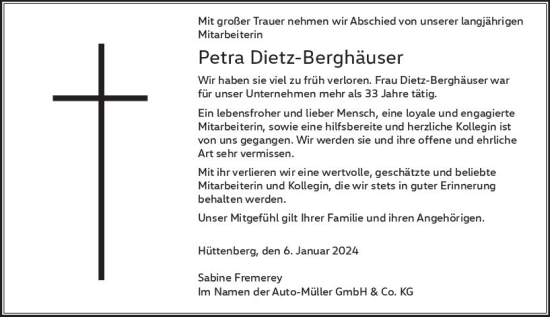 Traueranzeige von Petra Dietz-Berghäuser von Wetzlarer Neue Zeitung