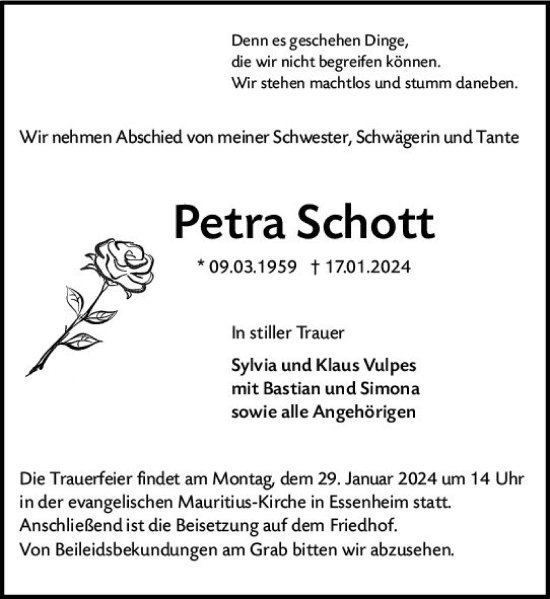 Traueranzeige von Petra Schott von Allgemeine Zeitung Mainz