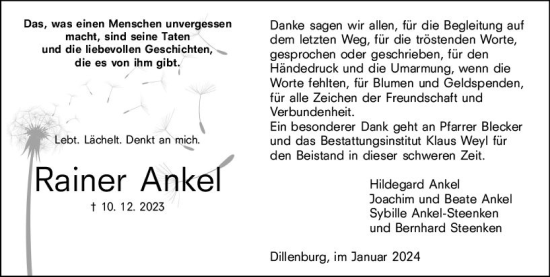 Traueranzeige von Rainer Ankel von Dill Block