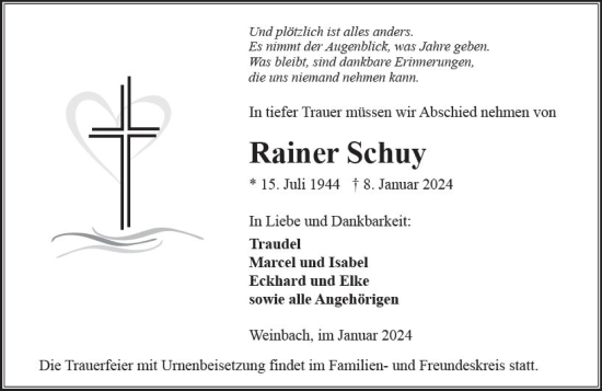 Traueranzeige von Rainer Schuy von Weilburger Tageblatt