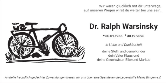 Traueranzeige von Ralph Warsinsky von Allgemeine Zeitung Bingen/Ingelheim