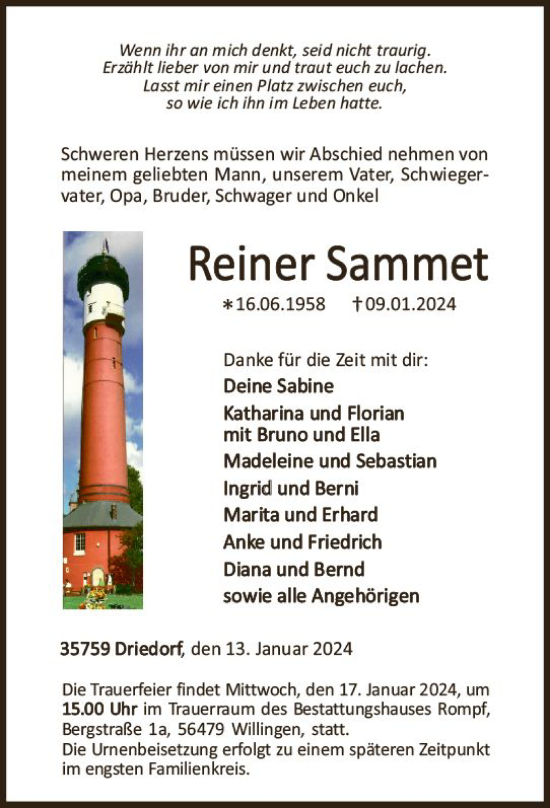 Traueranzeige von Reiner Sammet von Dill Block