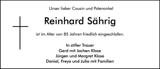 Traueranzeige von Reinhard Sährig von Darmstädter Echo