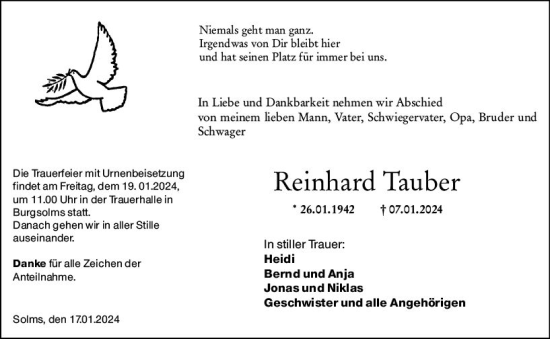 Traueranzeige von Reinhard Tauber von Wetzlarer Neue Zeitung