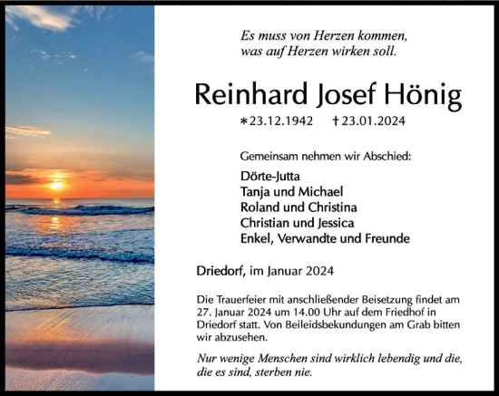 Traueranzeige von Reinhard Josef Hönig von Dill Block