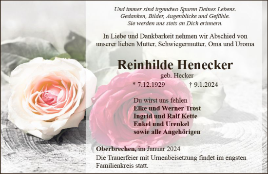 Traueranzeige von Reinhilde Henecker von Camberger Anzeiger