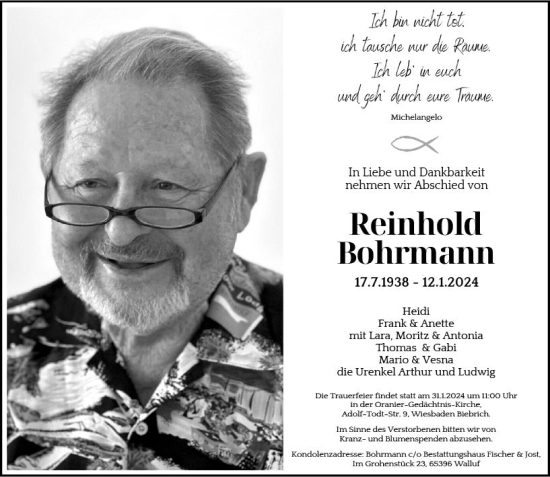 Traueranzeige von Reinhold Bohrmann von Wiesbadener Kurier