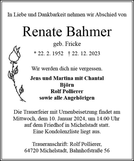 Traueranzeige von Renate Bahmer von Odenwälder Echo