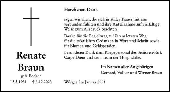 Traueranzeige von Renate Braun von Camberger Anzeiger
