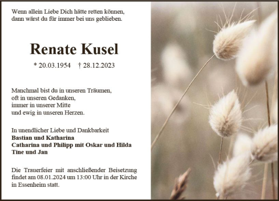 Traueranzeige von Renate Kusel von Allgemeine Zeitung Mainz