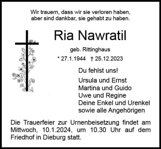 Traueranzeige von Ria Nawratil von Dieburger Anzeiger/Groß-Zimmerner Lokal-Anzeiger