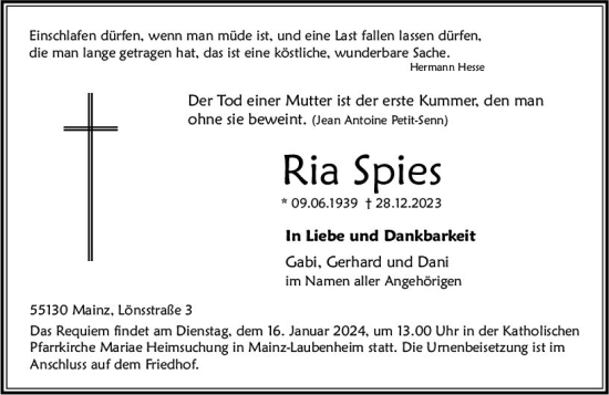Traueranzeige von Ria Spies von Allgemeine Zeitung Mainz
