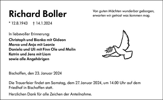 Traueranzeige von Richard Boller von Hinterländer Anzeiger