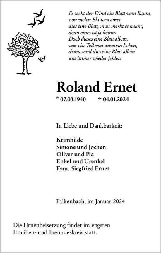 Traueranzeige von Roland Ernet von Weilburger Tageblatt