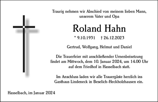 Traueranzeige von Roland Hahn von Weilburger Tageblatt