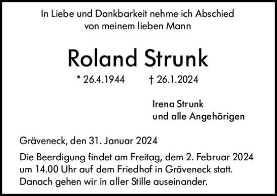 Traueranzeige von Roland Strunk von Weilburger Tageblatt