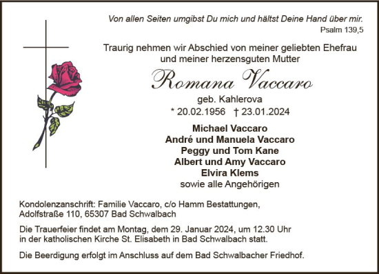 Traueranzeige von Romana Vaccaro von Wiesbadener Kurier