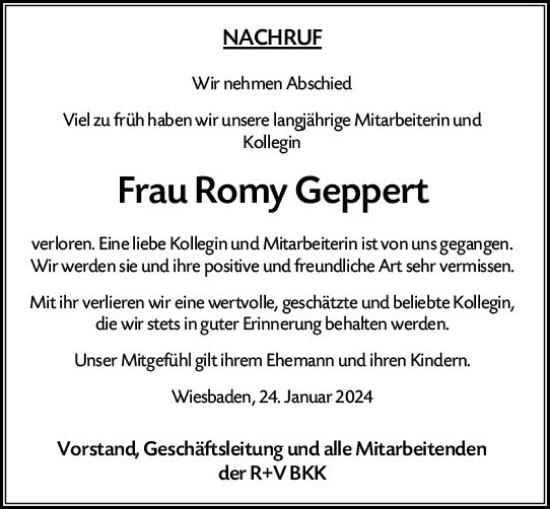 Traueranzeige von Romy Geppert von Wiesbadener Kurier