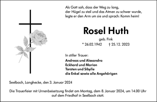 Traueranzeige von Rosel Huth von Weilburger Tageblatt
