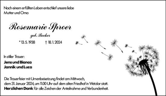 Traueranzeige von Rosemarie Sproer von Wetzlarer Neue Zeitung