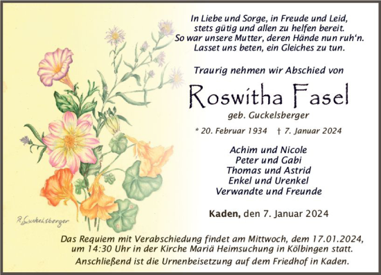 Traueranzeige von Roswitha Fasel von Nassauische Neue Presse