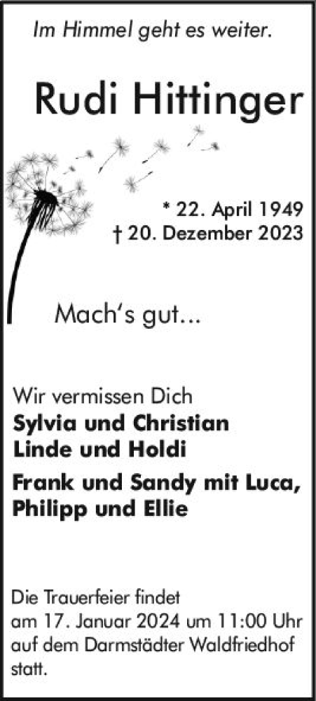 Traueranzeige von Rudi Hittinger von Darmstädter Echo