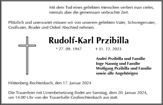 Traueranzeige von Rudolf-Karl Przibilla von Wetzlarer Neue Zeitung