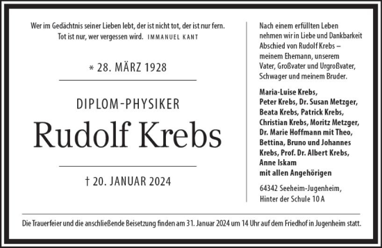Traueranzeige von Rudolf Krebs von Darmstädter Echo