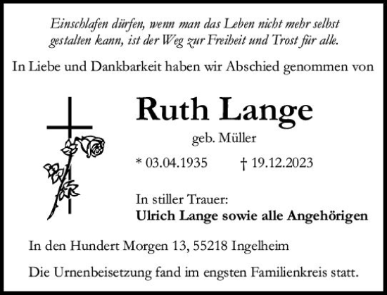 Traueranzeige von Ruth Lange von Allgemeine Zeitung Bingen/Ingelheim