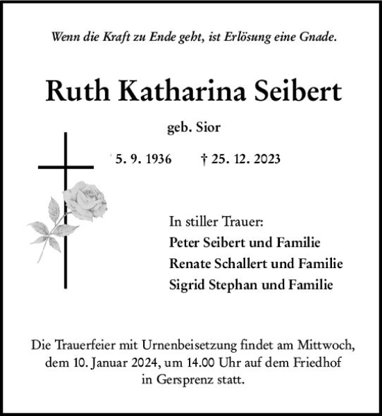 Traueranzeige von Ruth Katharina Seibert von Odenwälder Echo
