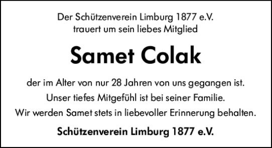 Traueranzeige von Samet Colak von Nassauische Neue Presse