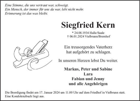 Traueranzeige von Siegfried Kern von Odenwälder Echo