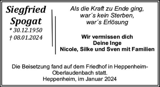 Traueranzeige von Siegfried Spogat von Starkenburger Echo