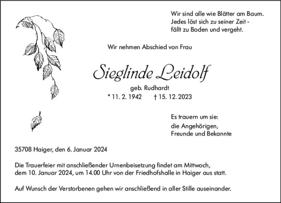 Traueranzeige von Sieglinde Leidolf von Dill Block