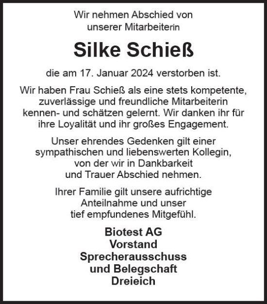 Traueranzeige von Silke Schieß von Darmstädter Echo