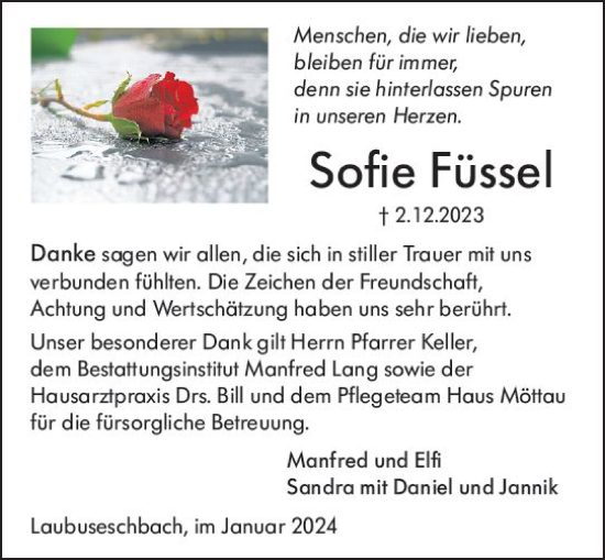 Traueranzeige von Sofie Füssel von Weilburger Tageblatt