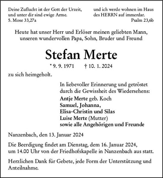 Traueranzeige von Stefan Merte von Dill Block