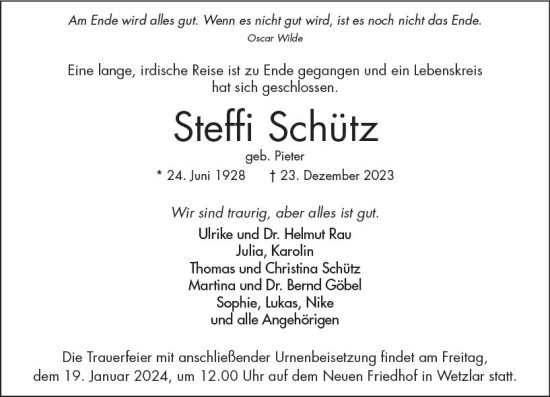 Traueranzeige von Steffi Schütz von Wetzlarer Neue Zeitung