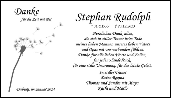 Traueranzeige von Stephan Rudolph von Dieburger Anzeiger/Groß-Zimmerner Lokal-Anzeiger