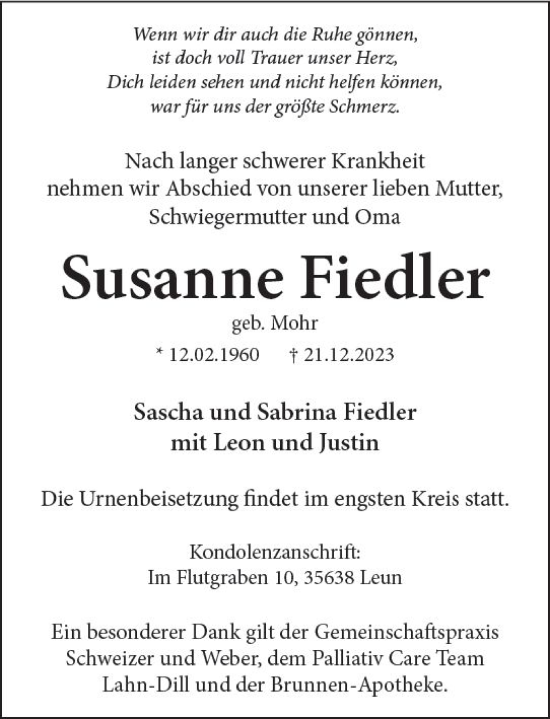 Traueranzeige von Susanne Fiedler von Wetzlarer Neue Zeitung