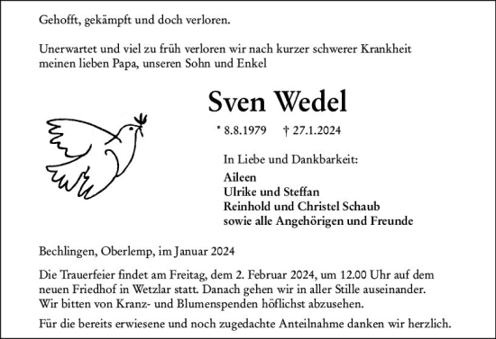 Traueranzeige von Sven Wedel von Wetzlarer Neue Zeitung