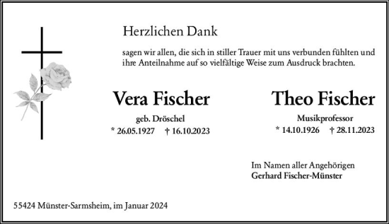 Traueranzeige von Theo Fischer von Allgemeine Zeitung Bad Kreuznach