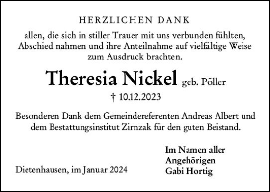 Traueranzeige von Theresia Nickel von Weilburger Tageblatt